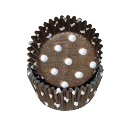 Brown mini cupcake liner with white polka dots, stacked pair