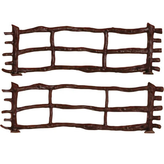 A three-pack of chocolate brown fence cake decorations, intricately designed to resemble wooden fences, perfect for adding a rustic touch to farm-themed cakes or enhancing garden and outdoor scene cake designs.