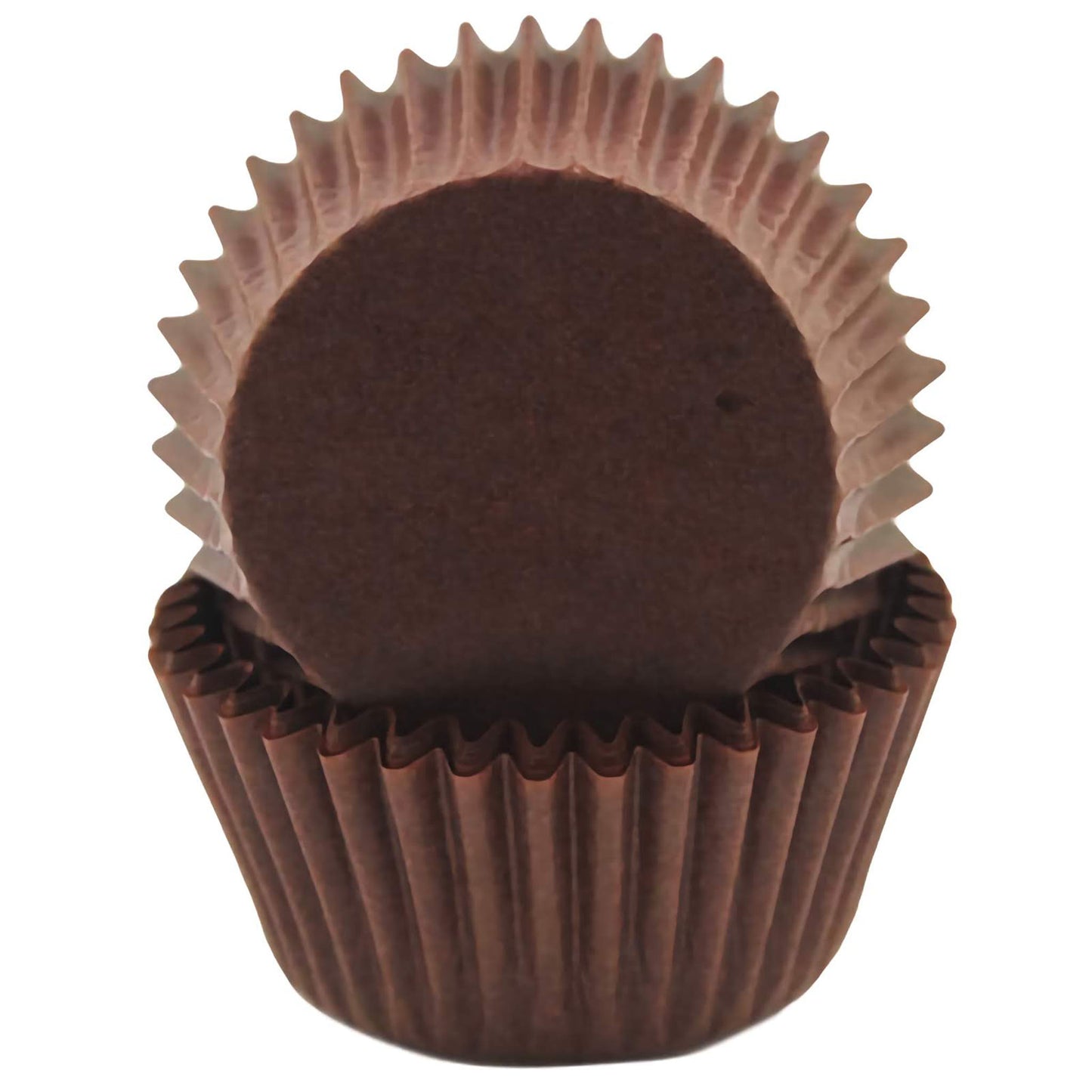 Standard-sized brown greaseproof cupcake liners, stacked in a nesting arrangement. The rich brown color and greaseproof design make these liners ideal for chocolate and other baked goods.