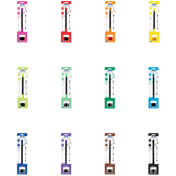 Edible ink pens with brush and fine tip in brown, packaged with refillable 8g edible ink pot, ideal for decorating fondant, gum paste, and other edible surfaces.