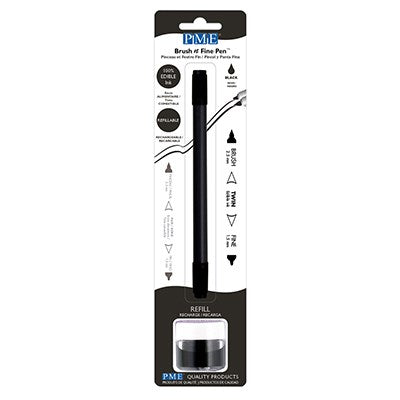 Black edible ink pen with brush and fine tip in brown, packaged with refillable 8g edible ink pot, ideal for decorating fondant, gum paste, and other edible surfaces.