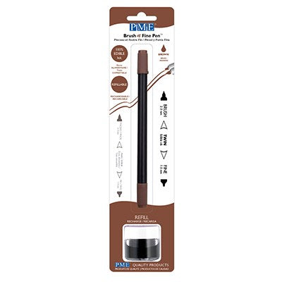 Brown edible ink pen with brush and fine tip in brown, packaged with refillable 8g edible ink pot, ideal for decorating fondant, gum paste, and other edible surfaces.