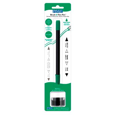 Dark Green edible ink pen with brush and fine tip in brown, packaged with refillable 8g edible ink pot, ideal for decorating fondant, gum paste, and other edible surfaces.