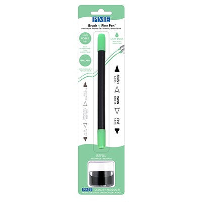 Light Green edible ink pen with brush and fine tip in brown, packaged with refillable 8g edible ink pot, ideal for decorating fondant, gum paste, and other edible surfaces.
