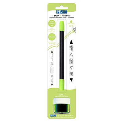 Lime Green edible ink pen with brush and fine tip in brown, packaged with refillable 8g edible ink pot, ideal for decorating fondant, gum paste, and other edible surfaces.