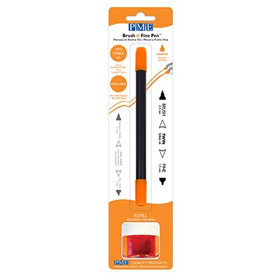 Orange edible ink pen with brush and fine tip in brown, packaged with refillable 8g edible ink pot, ideal for decorating fondant, gum paste, and other edible surfaces.