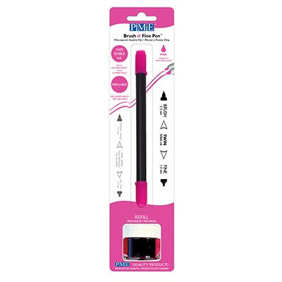 Pink edible ink pen with brush and fine tip in brown, packaged with refillable 8g edible ink pot, ideal for decorating fondant, gum paste, and other edible surfaces.