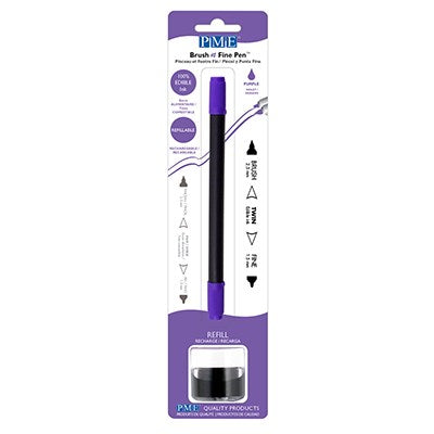 Purple edible ink pen with brush and fine tip in brown, packaged with refillable 8g edible ink pot, ideal for decorating fondant, gum paste, and other edible surfaces.