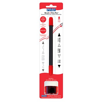 Red edible ink pen with brush and fine tip in brown, packaged with refillable 8g edible ink pot, ideal for decorating fondant, gum paste, and other edible surfaces.