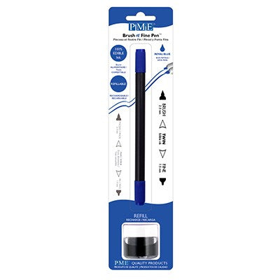 Royal Blue edible ink pen with brush and fine tip in brown, packaged with refillable 8g edible ink pot, ideal for decorating fondant, gum paste, and other edible surfaces.