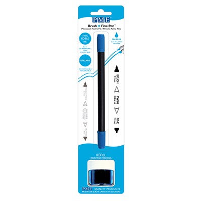 Sea Blue edible ink pen with brush and fine tip in brown, packaged with refillable 8g edible ink pot, ideal for decorating fondant, gum paste, and other edible surfaces. 