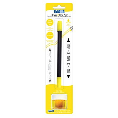 Yellow edible ink pen with brush and fine tip in brown, packaged with refillable 8g edible ink pot, ideal for decorating fondant, gum paste, and other edible surfaces.