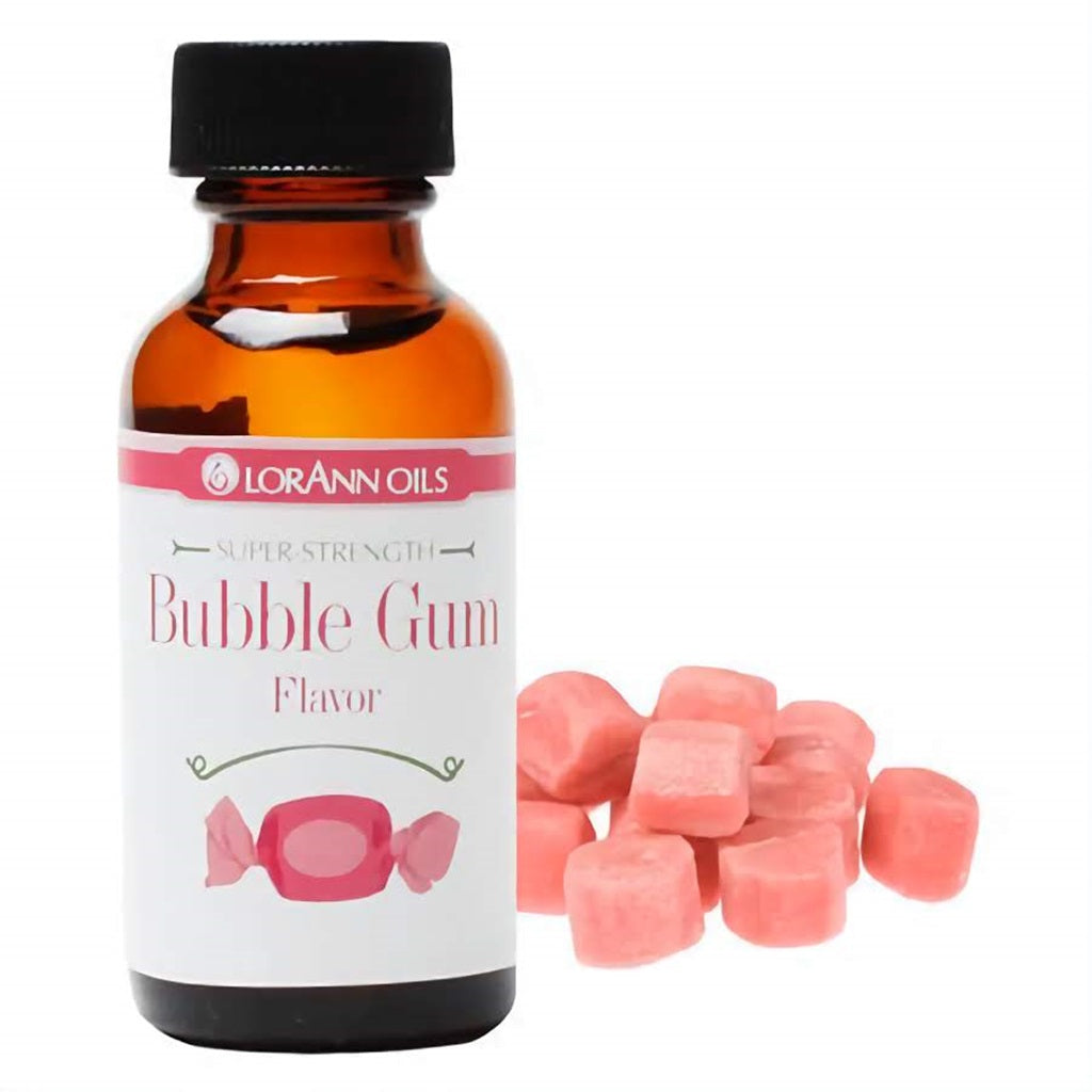 A 1 fl oz amber bottle of LorAnn Oils Super Strength Bubble Gum Flavor, with a group of pink bubble gum pieces to the side, conveying the classic sweet taste.