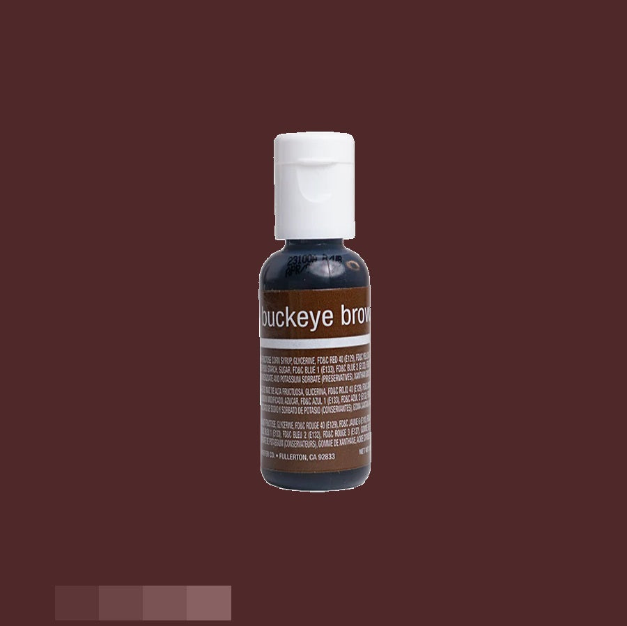 A bottle of chefmaster food coloring featuring a deep brown color is labeled "buckeye brown". It's topped with a white cap and the label is adorned with white text providing product information, set against a background that captures the warm brown tone of the coloring gel inside.
