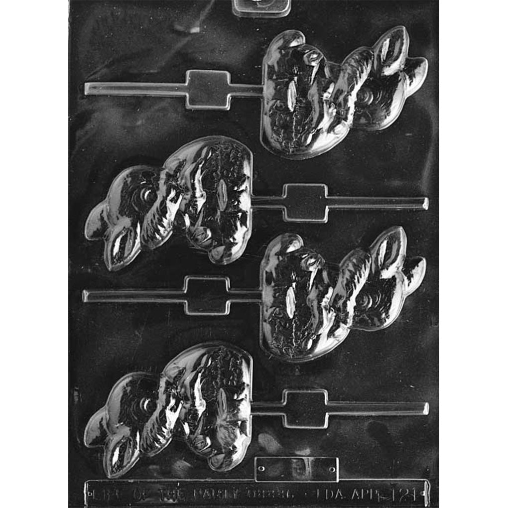 Clear plastic lollipop mold with bunny-shaped cavities; each bunny holds an egg embossed with “Happy Easter.”