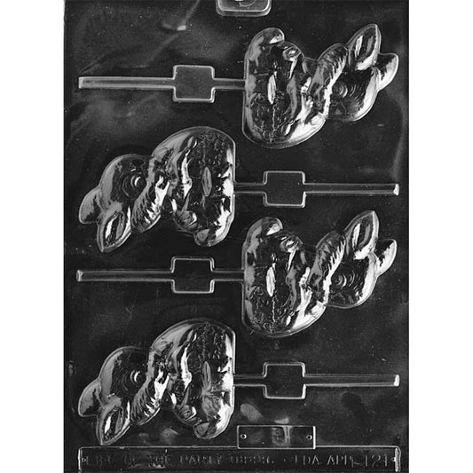Clear plastic lollipop mold with bunny-shaped cavities; each bunny holds an egg embossed with “Happy Easter.”