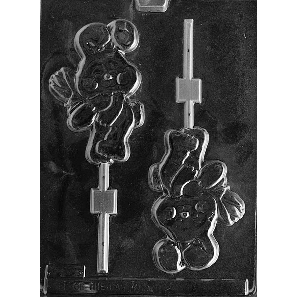 Two-cavity bunny holding tulips chocolate lollipop mold with floral details and stick channels for 4 3/4 x 3-inch treats