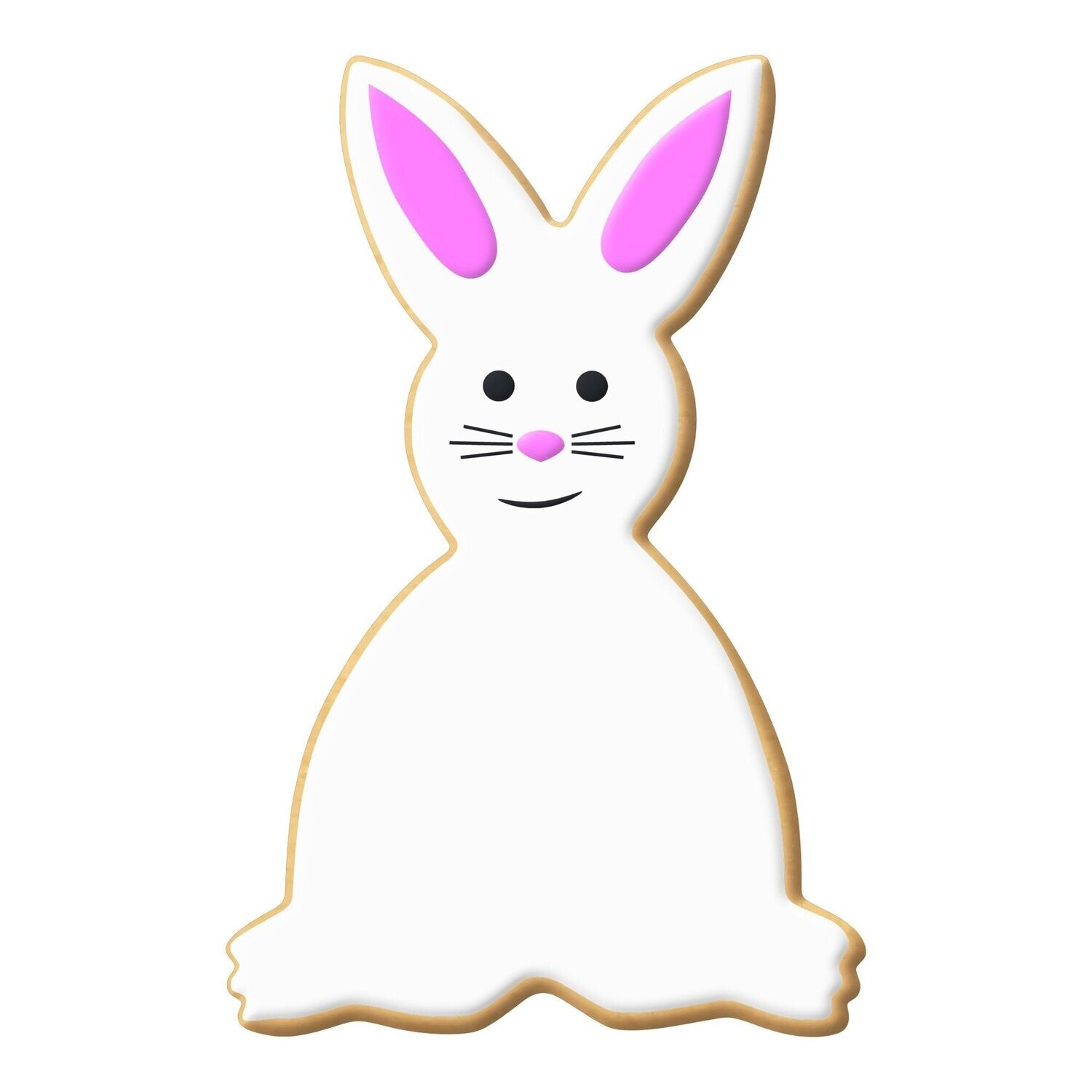 Decorated bunny rabbit-shaped cookie with white icing, pink ears, and a cute face.