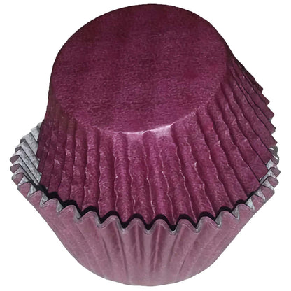 Standard-sized burgundy greaseproof cupcake liners, stacked in a nesting arrangement. The deep burgundy color adds a touch of elegance to any cupcake display while the greaseproof material ensures a neat presentation.