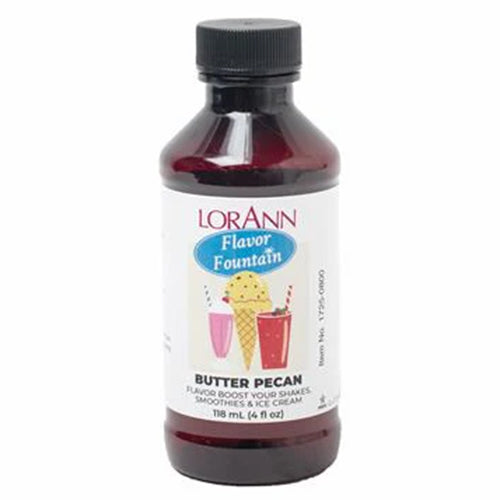 LorAnn Flavor Fountain Butter Pecan flavoring in a 4 oz bottle for shakes, smoothies, and ice cream.