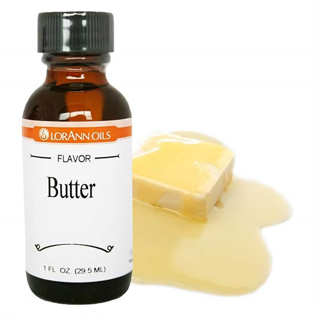 LorAnn Oils Butter Flavor in a 1 fl oz bottle, accompanied by a stick of melting butter, signifying the rich, creamy essence of the flavoring.