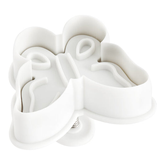 Impression side of White butterfly-shaped plunger cookie cutter on a white background