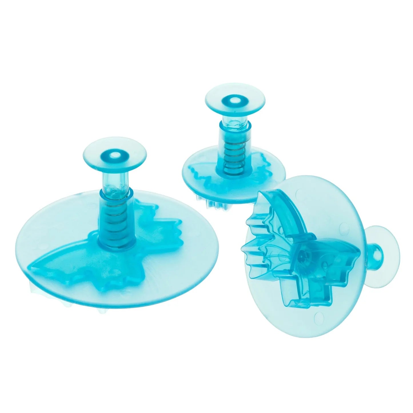 Set of three blue butterfly-shaped plunger cutters with spring-loaded handles, shown in different sizes.