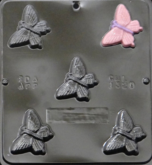 Butterfly chocolate mold featuring 5 cavities, each measuring 2.5" x 1.8", perfect for creating delicate butterfly-shaped chocolates.