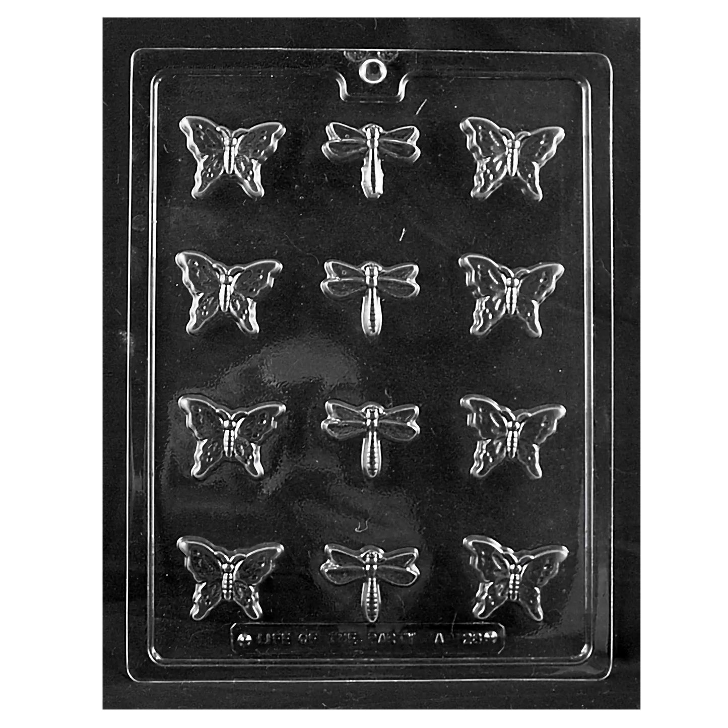 Chocolate mold designed to create bite-sized butterflies and dragonflies, perfect for garden-themed parties, spring events, or as a whimsical touch to any dessert spread. The mold features a variety of butterfly and dragonfly shapes, allowing for a charming assortment of chocolates that capture the delicate details of these enchanting creatures.