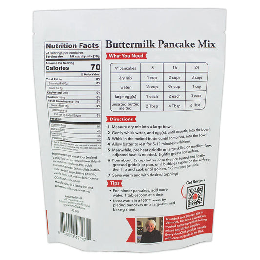 Back of Ann Clark Buttermilk Pancake Mix package showing detailed ingredient list, preparation instructions, nutrition facts, and tips for perfect pancakes.