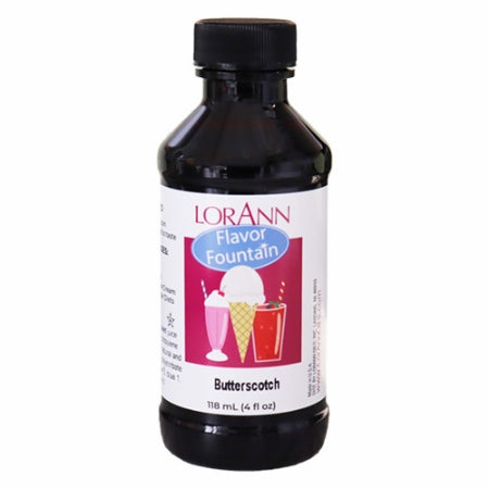 LorAnn Butterscotch Flavor Fountain bottle with illustrated label of ice cream and shakes, used to flavor frozen desserts with buttery caramel notes