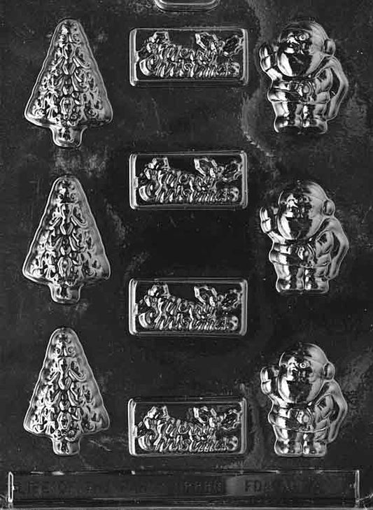 Clear plastic chocolate mold sheet with assorted Christmas shapes in small cavities; largest cavity about 2 5/8 by 1 1/16 by 1/2 inch; C001