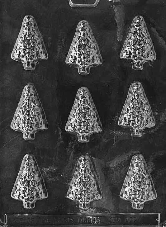 Clear plastic mold with multiple small Christmas tree cavities, approx. 2 1/4 by 1 1/2 by 1/2 inch each; C002