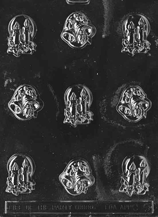 Clear mold sheet with alternating bell and candle cavities, each around 1.5–1.75 inches tall and 1/2 inch deep; C005