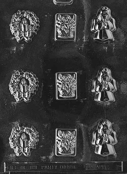 Clear mold sheet with an assortment of small holiday cavities including an angel; largest about 1 5/8 by 1 7/8 by 1/2 inch; C006