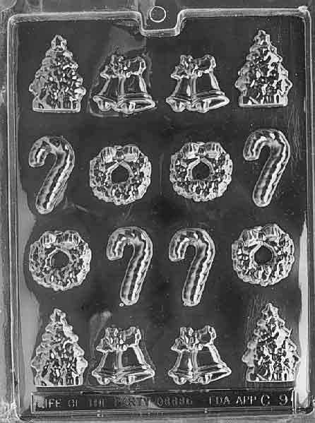 Clear mold sheet with very small, thin Christmas icon cavities; largest about 1 1/8 by 2 by 1/4 inch; C009