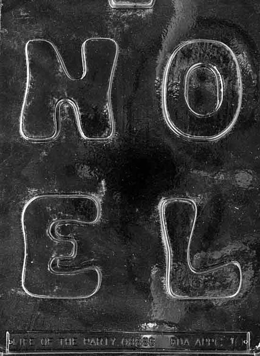 Clear chocolate mold forming bold NOEL letters as a single piece about 2 3/4 inches tall; C010