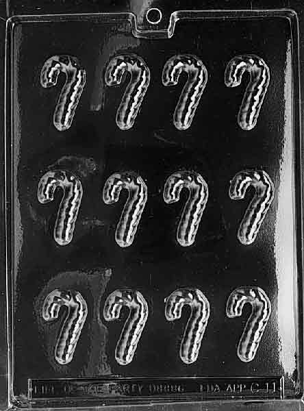 Clear mold with multiple small candy cane cavities, about 2 by 1 by 1/4 inch each; C011