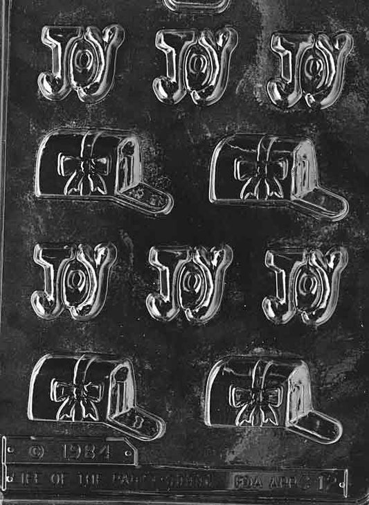 Clear plastic mold featuring one mailbox cavity and one JOY plaque cavity, small sizes around 1.5–2.5 inches; C012