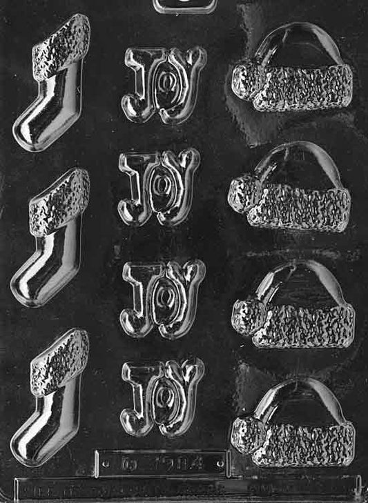 Clear mold sheet with assorted JOY word and motif cavities; largest about 2 3/8 by 1 1/2 by 1/4 inch; C013