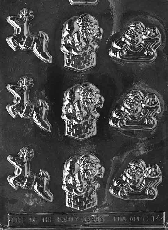 Clear chocolate mold with alternating Santa and reindeer cavities, largest about 2 1/8 by 1 3/4 by 3/8 inch; C014