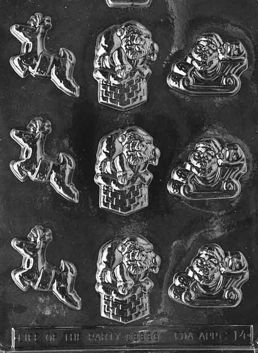 Clear chocolate mold with alternating Santa and reindeer cavities, largest about 2 1/8 by 1 3/4 by 3/8 inch; C014