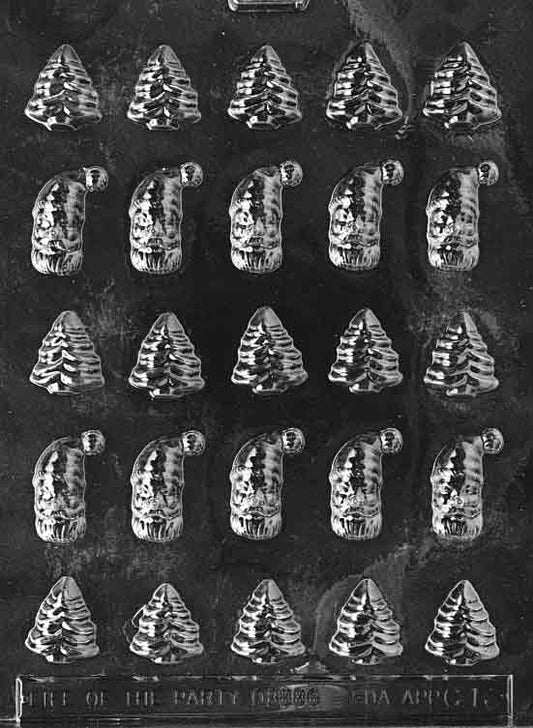 Clear plastic mold with alternating tiny Santa heads and small tree cavities; each about 1–1 3/8 in. tall and 3/8 in. deep; C016