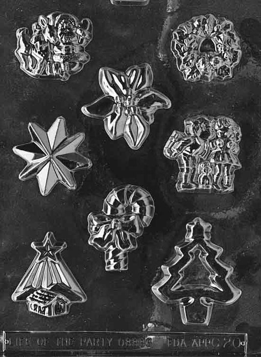 Clear mold with a small assortment of holiday icons featuring star details; largest about 2 1/4 by 2 3/8 by 3/16 inch; C020