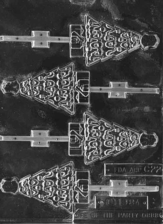 Clear lollipop mold with a Christmas tree topped by an angel; approx. 3 7/8 by 2 1/2 by 1/4 inch; C022