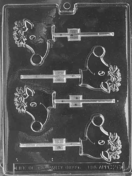Clear lollipop mold showing a small reindeer head and shoulders; approx. 2 1/2 by 2 3/4 by 3/8 inch; C026