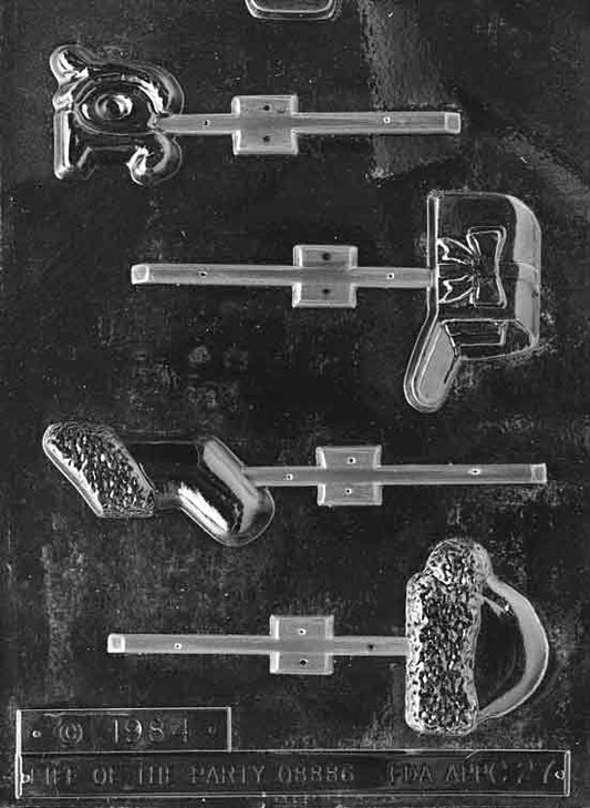 Clear mold sheet with several small holiday lollipop shapes; compact cavities with slim profiles; C027