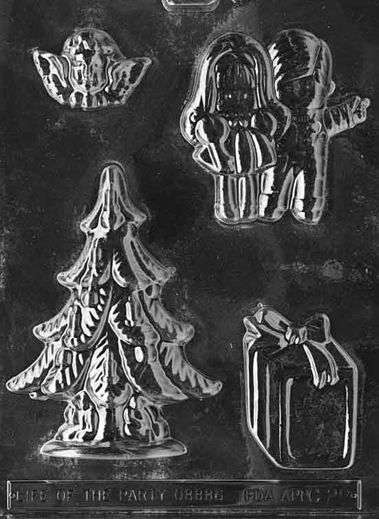 Clear mold featuring an assortment of Christmas tree cavities in multiple sizes; largest approx. 4 by 5 3/8 by 5/8 inch; C028