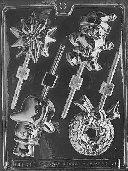 Clear sheet with several holiday lollipop cavities; varied silhouettes up to 3 7/8 × 3 × 1/2 in; C039