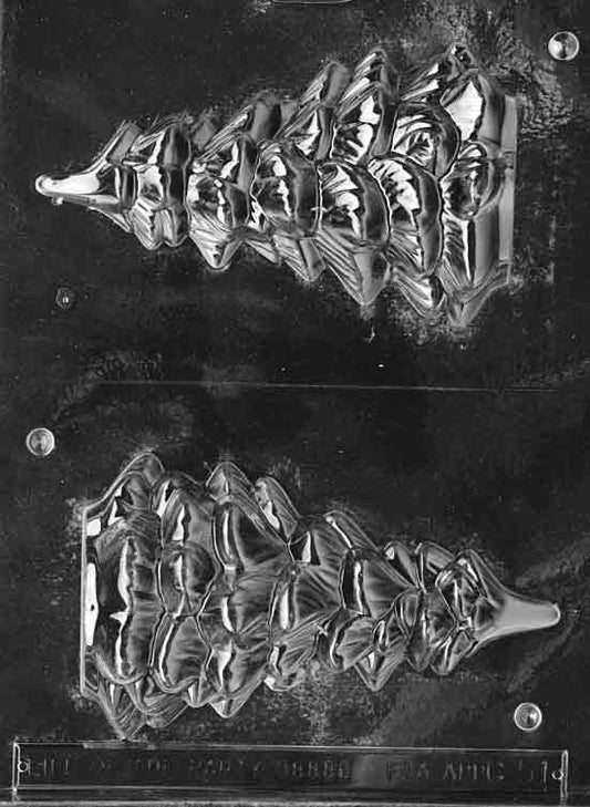 Clear Christmas tree mold with layered boughs and star area; vertical silhouette about 5 5/8 × 3 1/4; chocolate mold C051